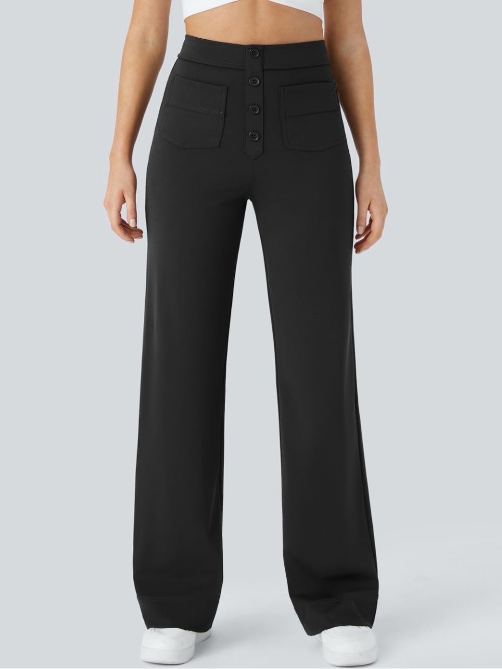 Halara Sz S Petite Black Pull On Button Wide Leg Pants